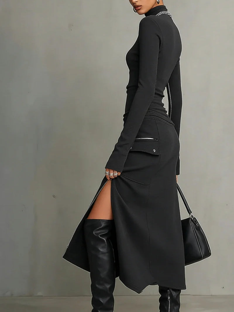 Elegant Dark Grey Two Piece Set for Women with Mock Neck Long Sleeve Zip Front Slit Skirt Style