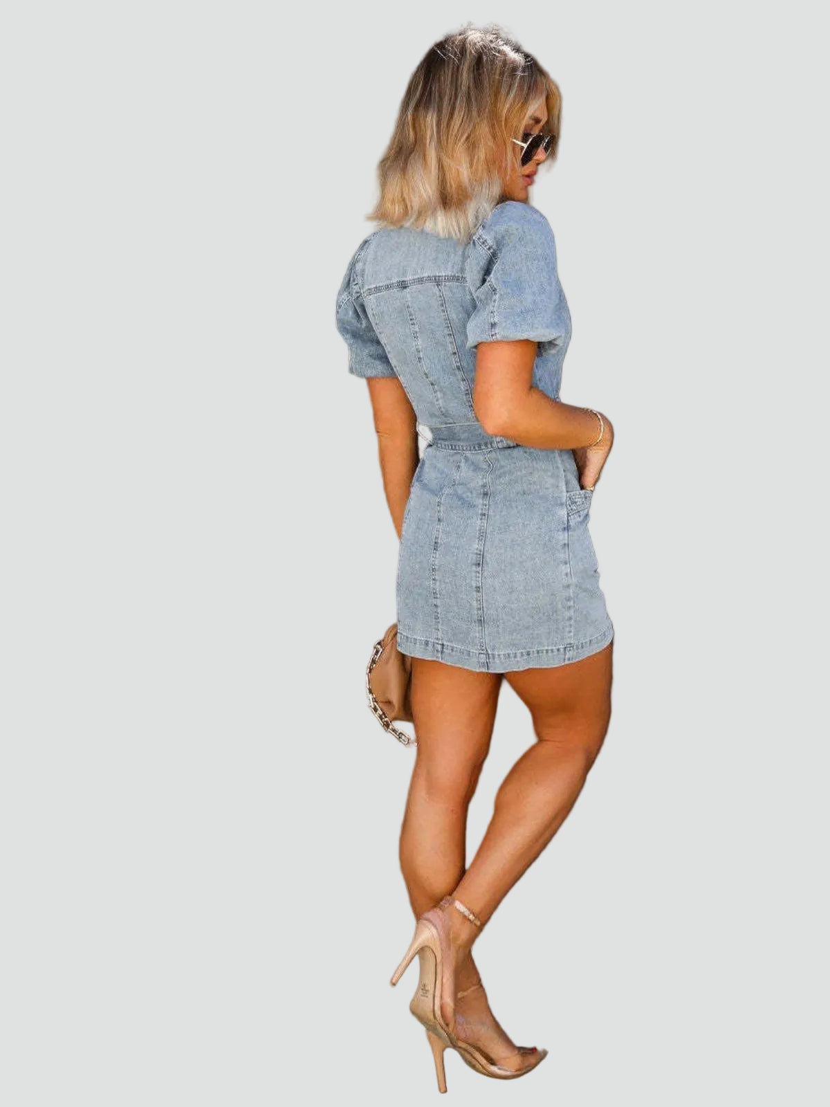 Elegant Blue Denim Dress for Women with Collar Puff Sleeve Belted Mini Style