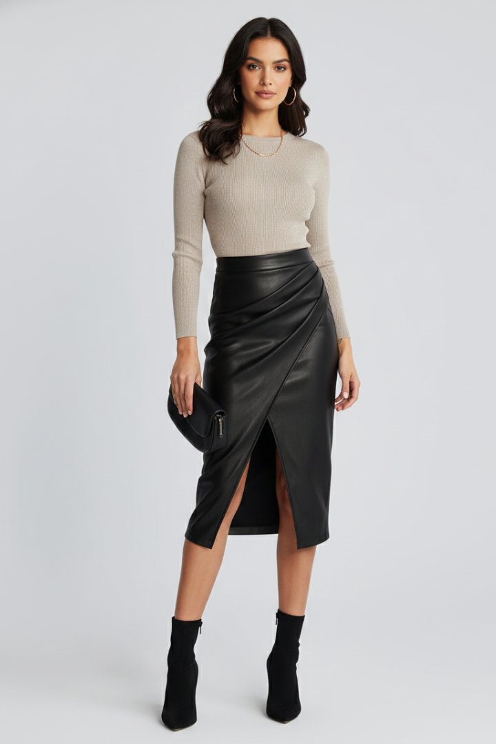Elegant Faux Leather Midi Skirt for Women with High Waist Wrap Front Ruched Draped Style