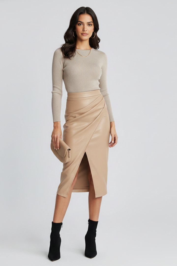 Elegant Faux Leather Midi Skirt for Women with High Waist Wrap Front Ruched Draped Style