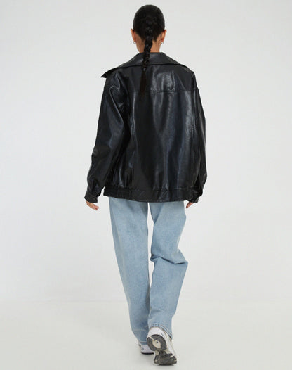 Elegant Brown Oversized Faux Leather Jacket for Women with Spread Collar Zip Front Relaxed Daily Style