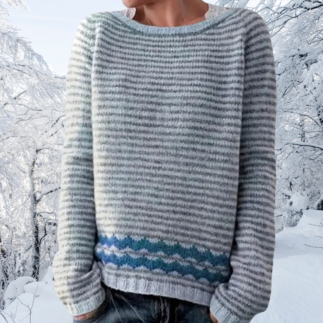 Comfortable Blue Striped Sweater for Women with Crew Neck Long Sleeve Fair Isle Oversized Knit Style