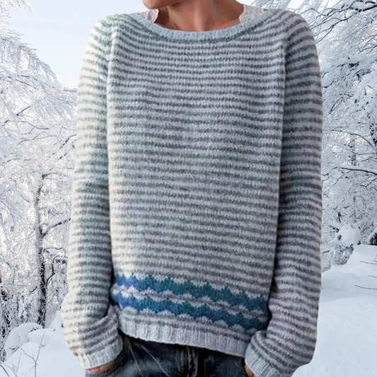 Comfortable Blue Striped Sweater for Women with Crew Neck Long Sleeve Fair Isle Oversized Knit Style