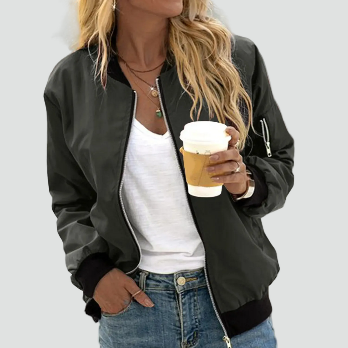 Women's Lightweight Zip Front Pockets Bomber Jacket