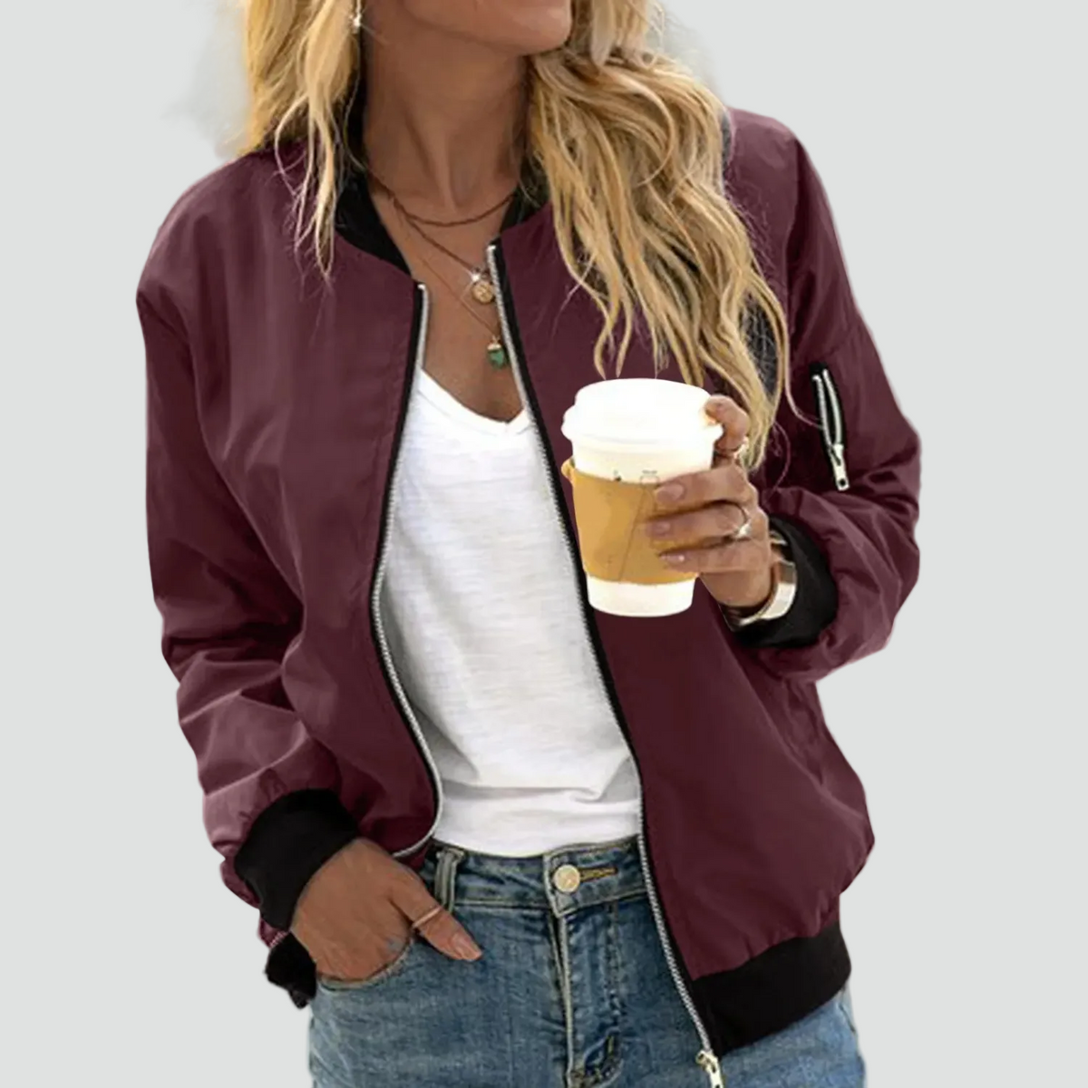 Women's Lightweight Zip Front Pockets Bomber Jacket