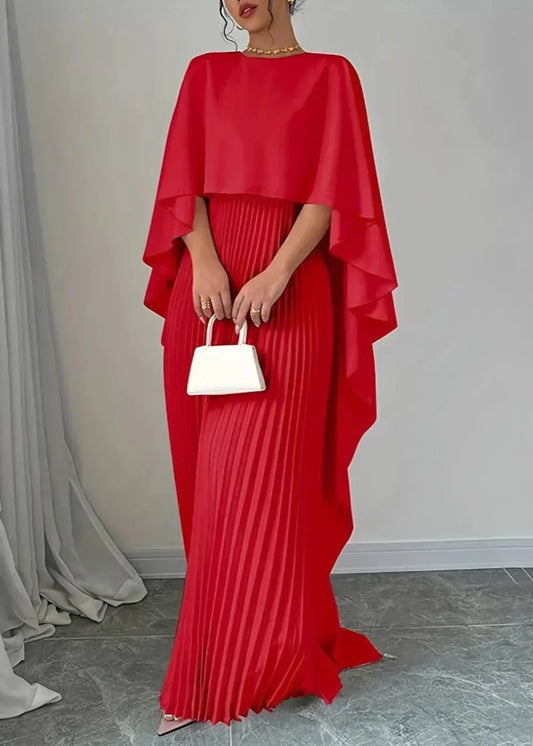Elegant Red Pleated Maxi Dress for Women with Round Neck Cape Sleeve Flowing Formal Style