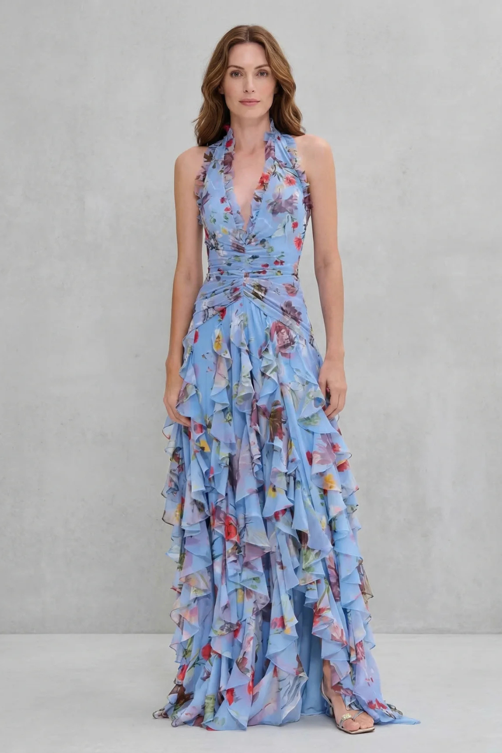 Elegant Floral Cocktail Dress for Women with Halter V Neck Ruffle Tiered Maxi Formal Style