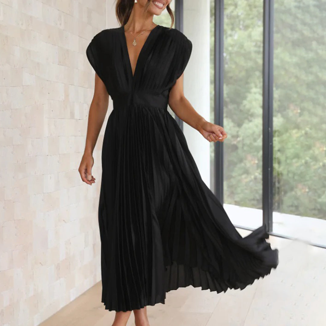 Elegant Pleated Satin Cocktail Dress for Women with V Neck Cap Sleeve Open Back Flowing Maxi Style