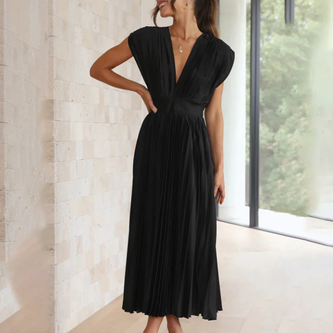 Elegant Pleated Satin Cocktail Dress for Women with V Neck Cap Sleeve Open Back Flowing Maxi Style