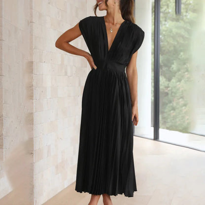 Elegant Pleated Satin Cocktail Dress for Women with V Neck Cap Sleeve Open Back Flowing Maxi Style