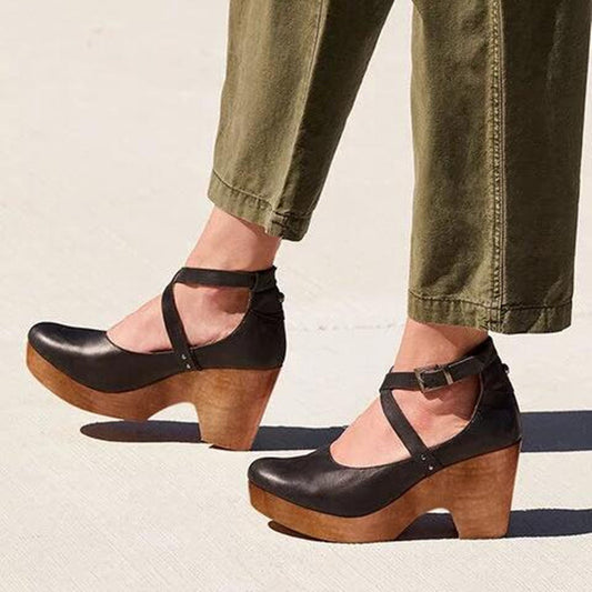 Effortless Leather Wedge Sandal for Women with Crisscross Ankle Strap Platform Wooden Heel Bohemian Style