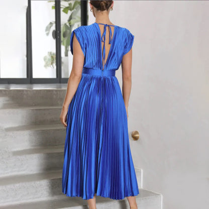 Elegant Pleated Satin Cocktail Dress for Women with V Neck Cap Sleeve Open Back Flowing Maxi Style
