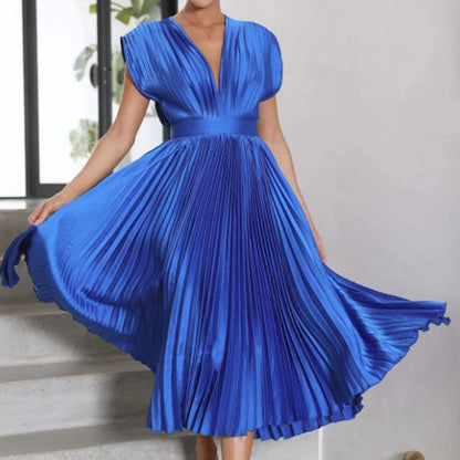 Elegant Pleated Satin Cocktail Dress for Women with V Neck Cap Sleeve Open Back Flowing Maxi Style