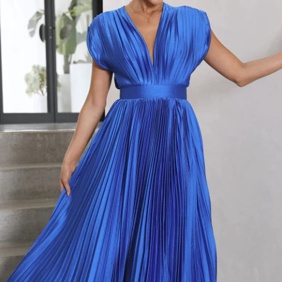Elegant Pleated Satin Cocktail Dress for Women with V Neck Cap Sleeve Open Back Flowing Maxi Style