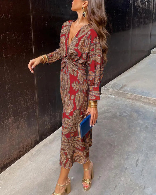 Elegant Red Paisley Maxi Dress for Women with V Neck Long Sleeve Wrap Twist Front Flowing Style