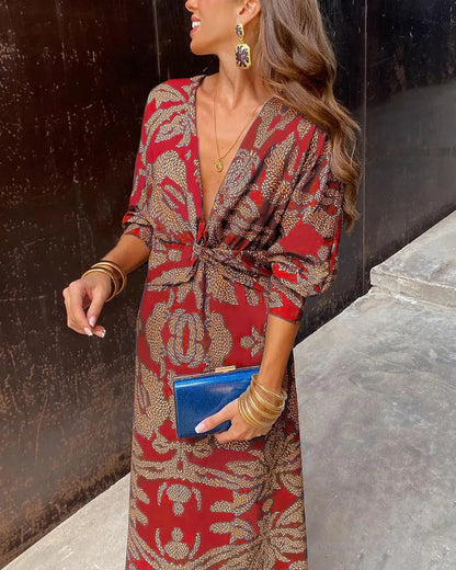 Elegant Red Paisley Maxi Dress for Women with V Neck Long Sleeve Wrap Twist Front Flowing Style