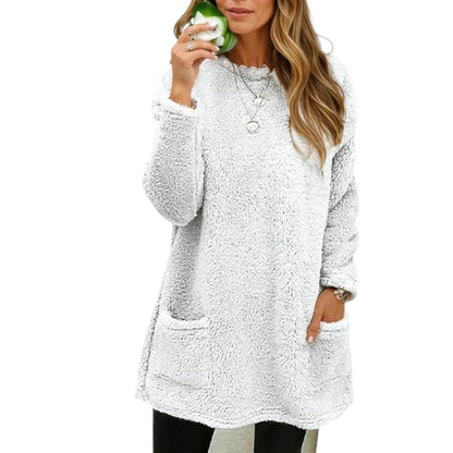 Warm Long Fleece Sweater for Women with Round Neck Long Sleeve Button Pocket Knit Style