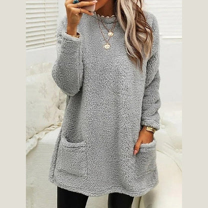Warm Long Fleece Sweater for Women with Round Neck Long Sleeve Button Pocket Knit Style