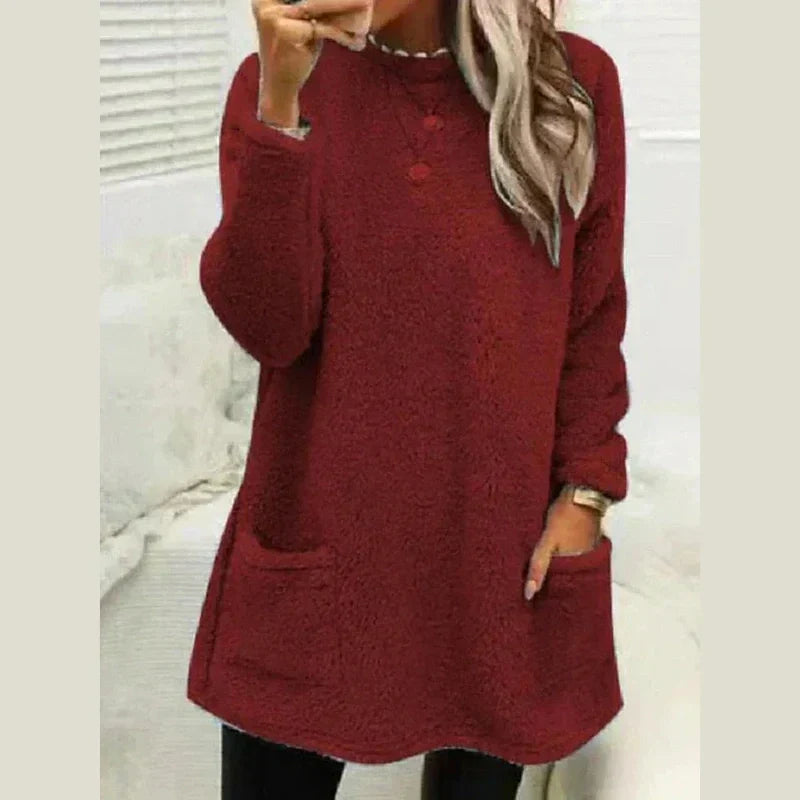 Warm Long Fleece Sweater for Women with Round Neck Long Sleeve Button Pocket Knit Style