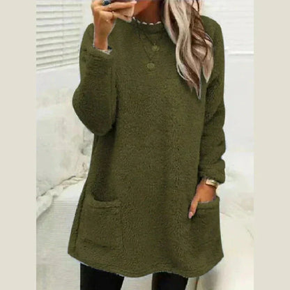 Warm Long Fleece Sweater for Women with Round Neck Long Sleeve Button Pocket Knit Style