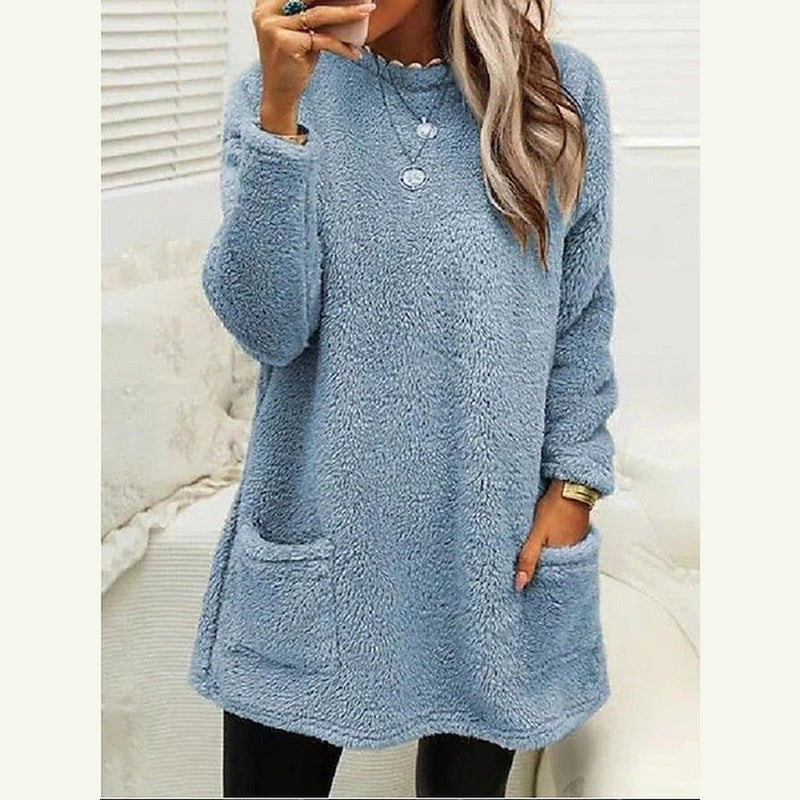 Warm Long Fleece Sweater for Women with Round Neck Long Sleeve Button Pocket Knit Style