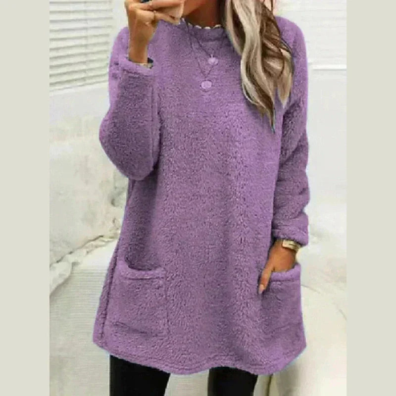 Warm Long Fleece Sweater for Women with Round Neck Long Sleeve Button Pocket Knit Style