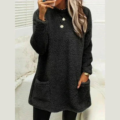 Warm Long Fleece Sweater for Women with Round Neck Long Sleeve Button Pocket Knit Style