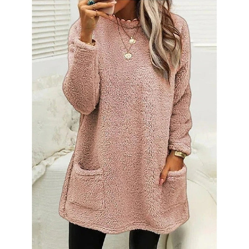 Warm Long Fleece Sweater for Women with Round Neck Long Sleeve Button Pocket Knit Style