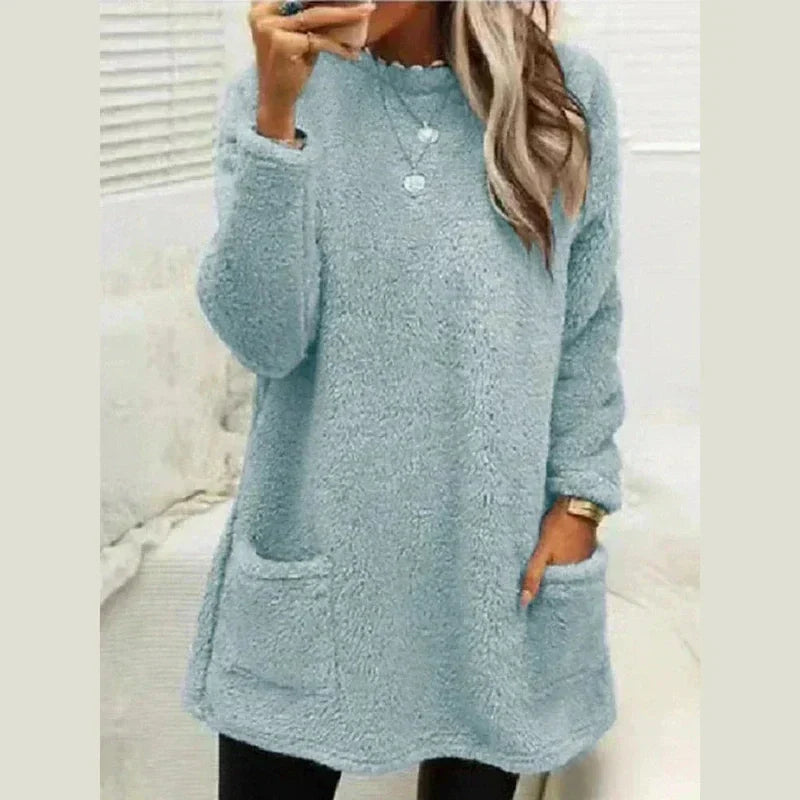 Warm Long Fleece Sweater for Women with Round Neck Long Sleeve Button Pocket Knit Style