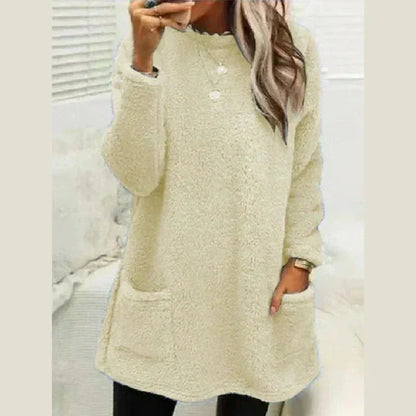 Warm Long Fleece Sweater for Women with Round Neck Long Sleeve Button Pocket Knit Style