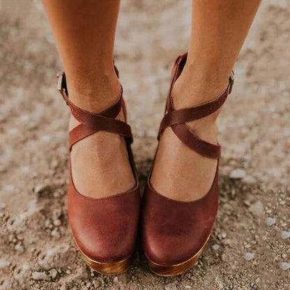 Effortless Leather Wedge Sandal for Women with Crisscross Ankle Strap Platform Wooden Heel Bohemian Style