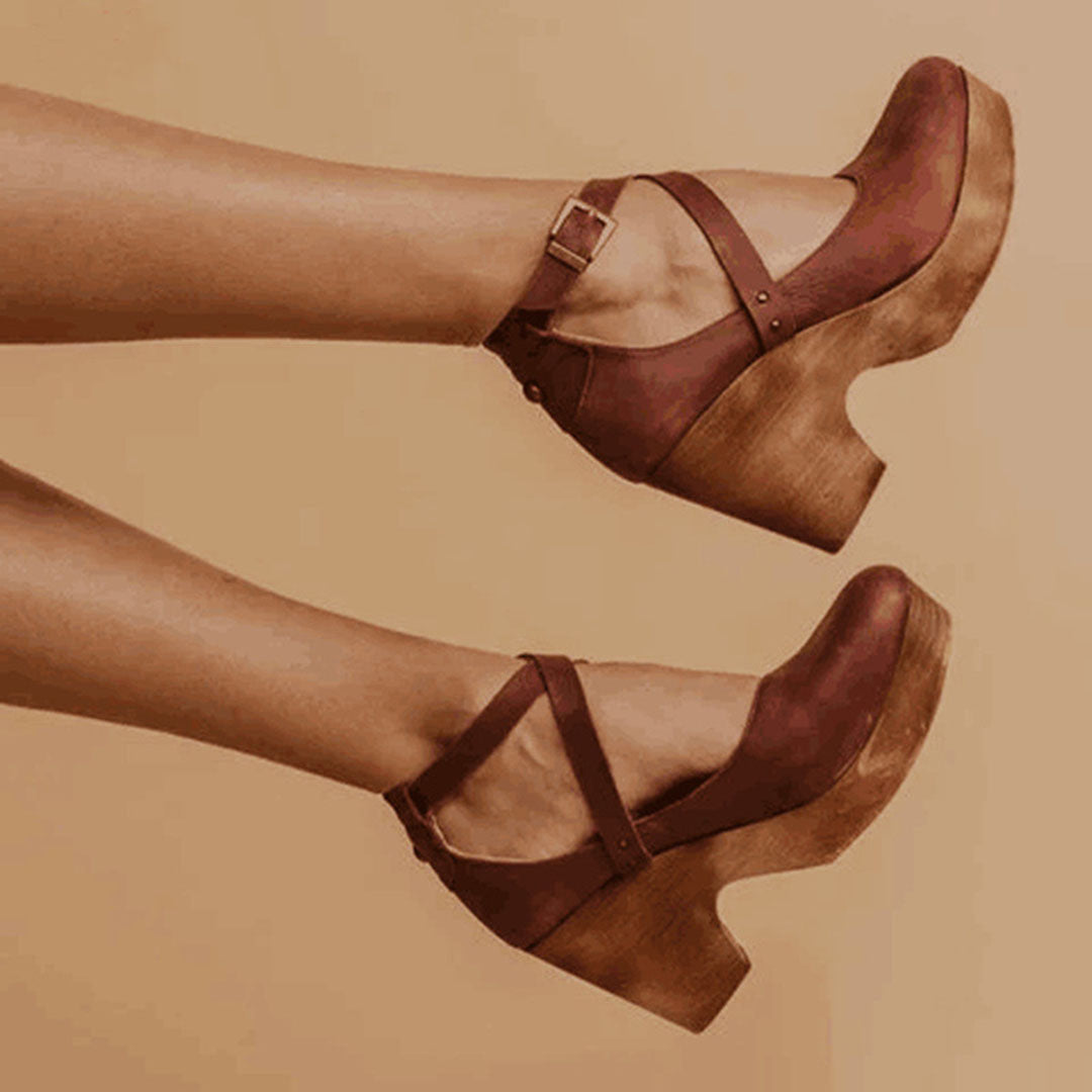 Effortless Leather Wedge Sandal for Women with Crisscross Ankle Strap Platform Wooden Heel Bohemian Style