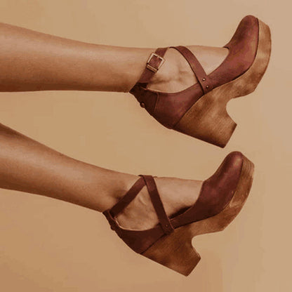 Effortless Leather Wedge Sandal for Women with Crisscross Ankle Strap Platform Wooden Heel Bohemian Style