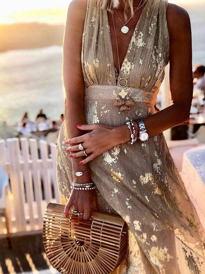 Elegant Metallic Foil Cocktail Dress for Women with V Neck Sleeveless Pleated Maxi Flowing Style
