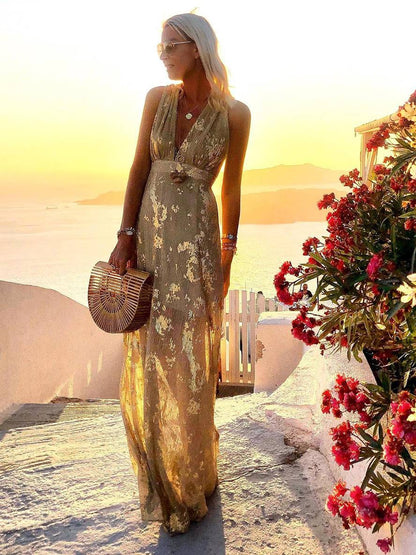 Elegant Metallic Foil Cocktail Dress for Women with V Neck Sleeveless Pleated Maxi Flowing Style
