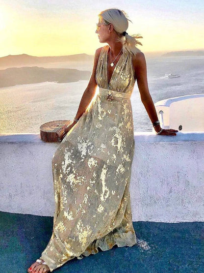 Elegant Metallic Foil Cocktail Dress for Women with V Neck Sleeveless Pleated Maxi Flowing Style
