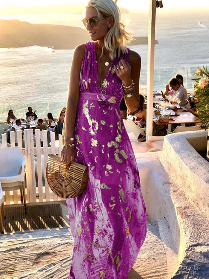 Elegant Metallic Foil Cocktail Dress for Women with V Neck Sleeveless Pleated Maxi Flowing Style