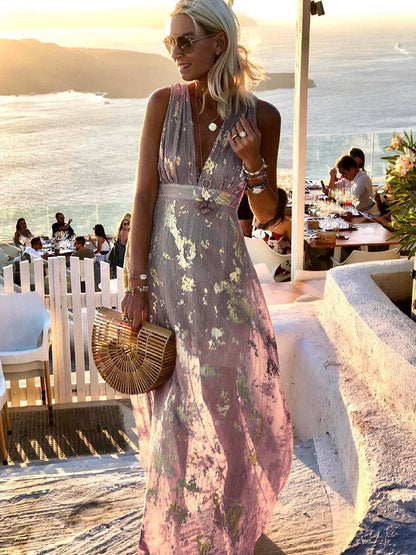 Elegant Metallic Foil Cocktail Dress for Women with V Neck Sleeveless Pleated Maxi Flowing Style