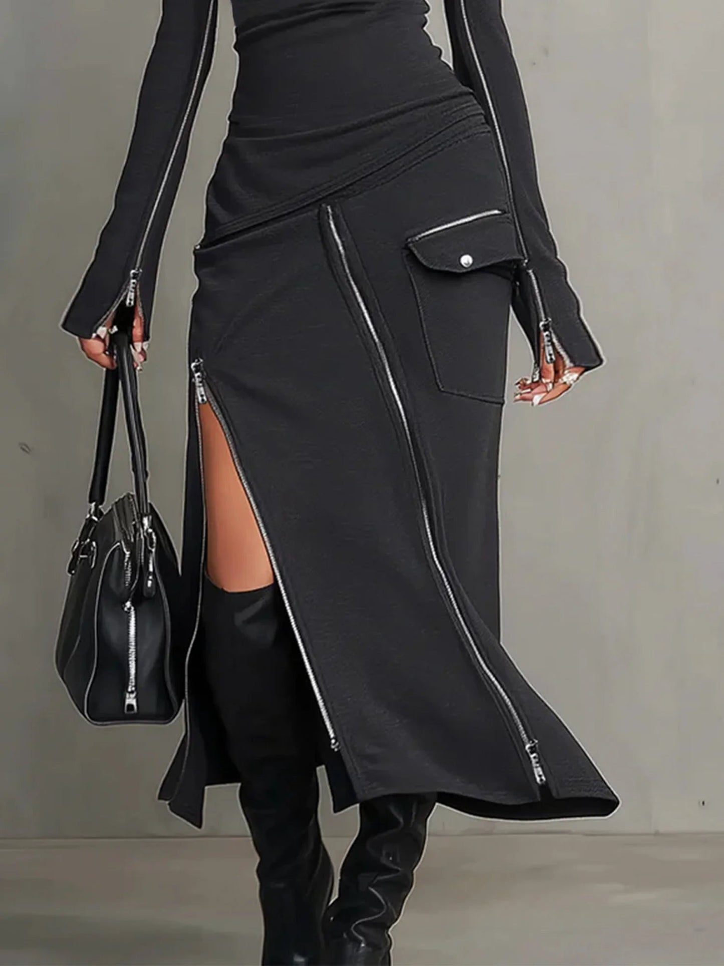Elegant Dark Grey Two Piece Set for Women with Mock Neck Long Sleeve Zip Front Slit Skirt Style