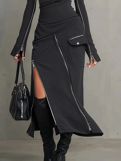 Elegant Dark Grey Two Piece Set for Women with Mock Neck Long Sleeve Zip Front Slit Skirt Style