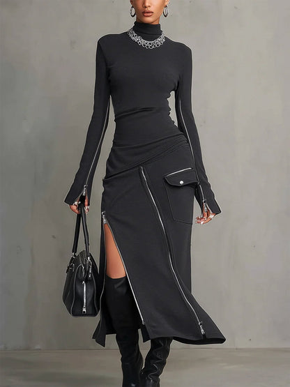 Elegant Dark Grey Two Piece Set for Women with Mock Neck Long Sleeve Zip Front Slit Skirt Style
