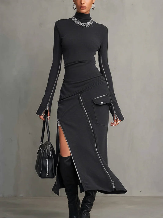 Elegant Dark Grey Two Piece Set for Women with Mock Neck Long Sleeve Zip Front Slit Skirt Style