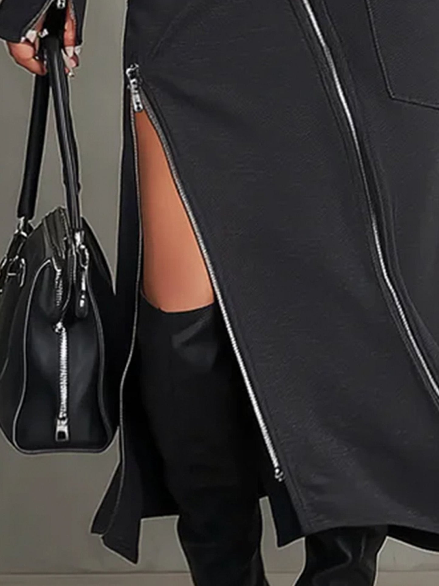 Elegant Dark Grey Two Piece Set for Women with Mock Neck Long Sleeve Zip Front Slit Skirt Style