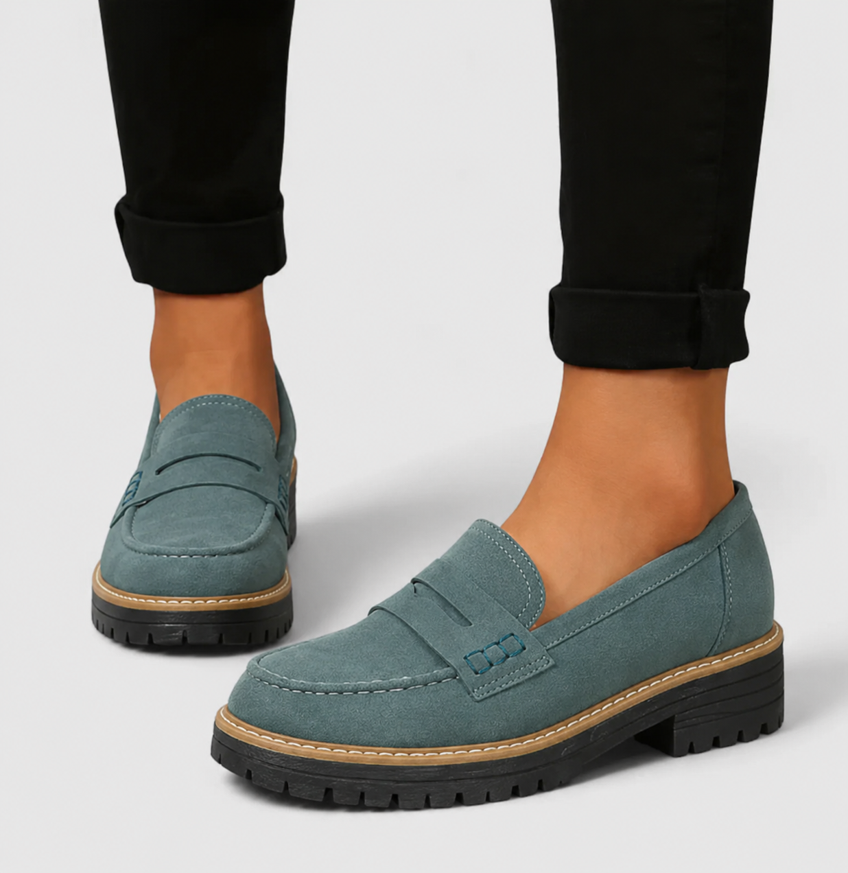 Comfortable Suede Penny Loafer for Women with Platform Chunky Lug Sole Slip On Casual Style