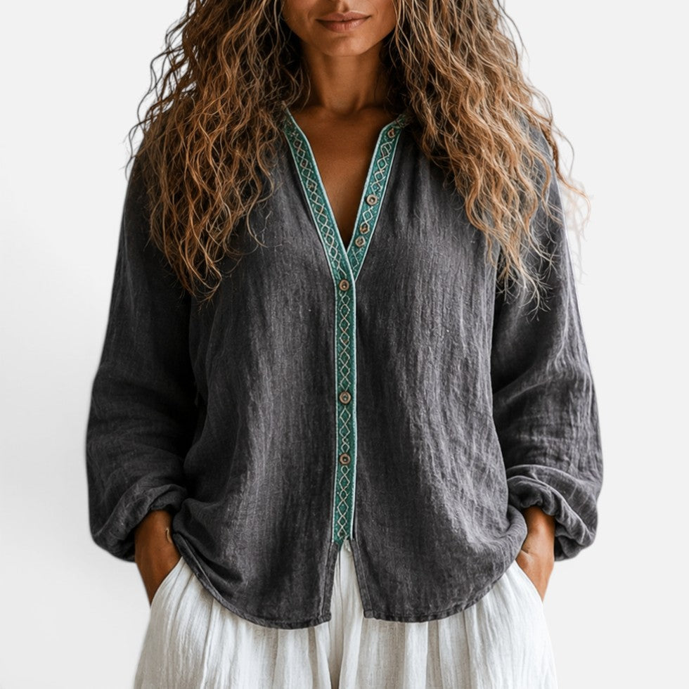 Effortless Linen Embroidered Shirt for Women with V Neck Long Sleeve Button Front Relaxed Boho Style