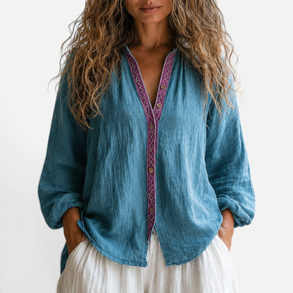 Effortless Linen Embroidered Shirt for Women with V Neck Long Sleeve Button Front Relaxed Boho Style