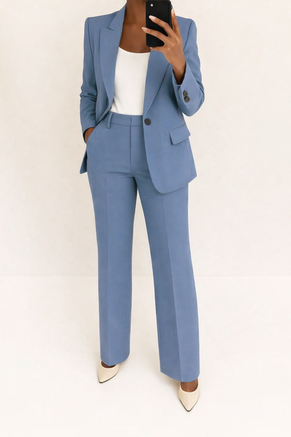 Elegant Tailored Blazer Set for Women with Notched Lapel Long Sleeve Wide Leg Trouser Two Piece Style