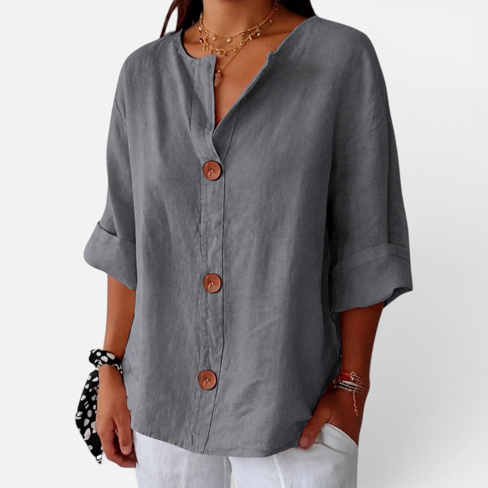 Effortless Linen Shirt for Women with V Neck Elbow Sleeve Button Front Casual Style