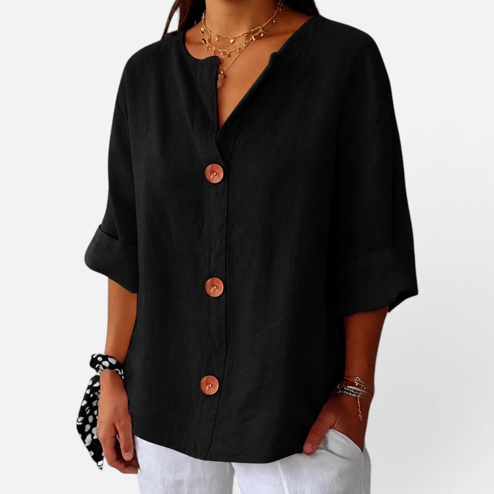 Effortless Linen Shirt for Women with V Neck Elbow Sleeve Button Front Casual Style