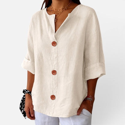Effortless Linen Shirt for Women with V Neck Elbow Sleeve Button Front Casual Style